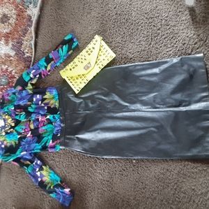 Floral blazer & leather long skirt